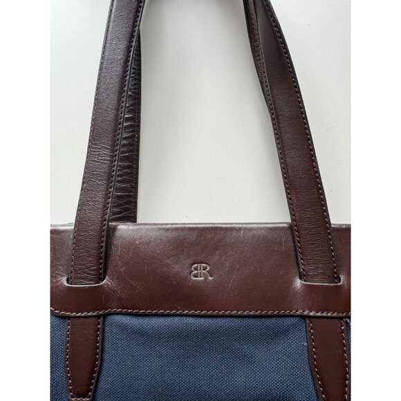 BANANA REPUBLIC Navy Cotton Canvas Brown Leather Trim Tote Bag Purse - Picture 3 of 12